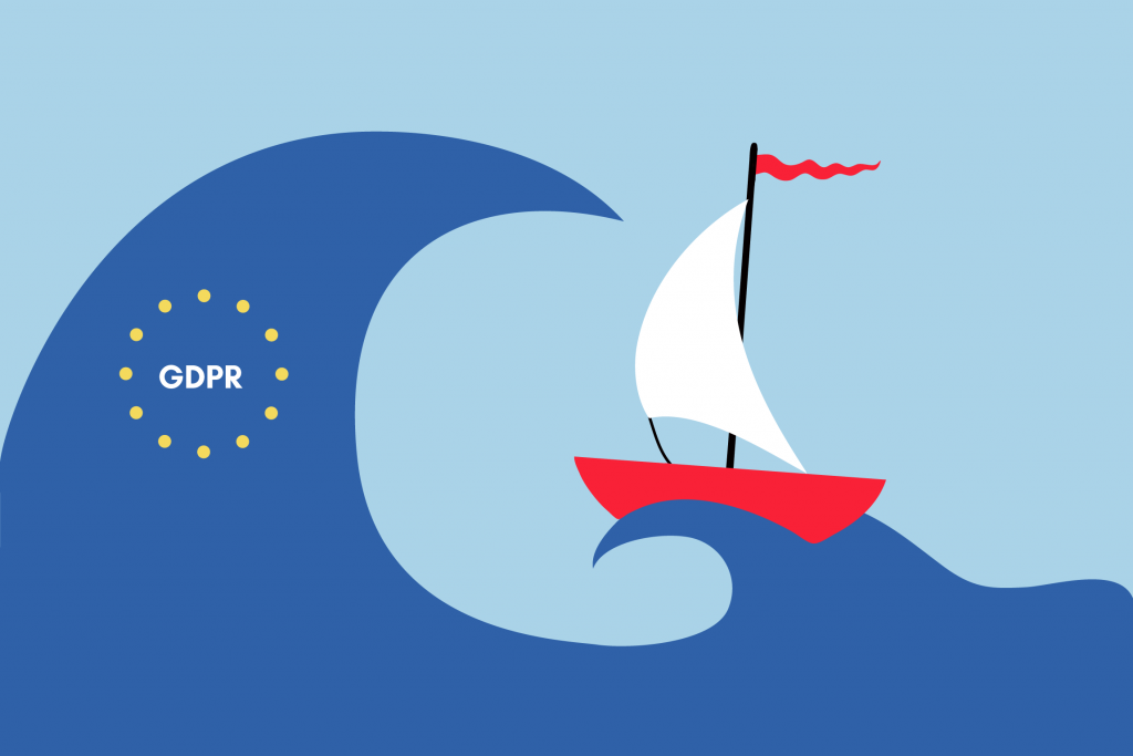 Illustration of large wave representing GDPR about to overtake a small ship representing a blockchain entrepreneur, created by Jesse van Mouwerik for TechGDPR